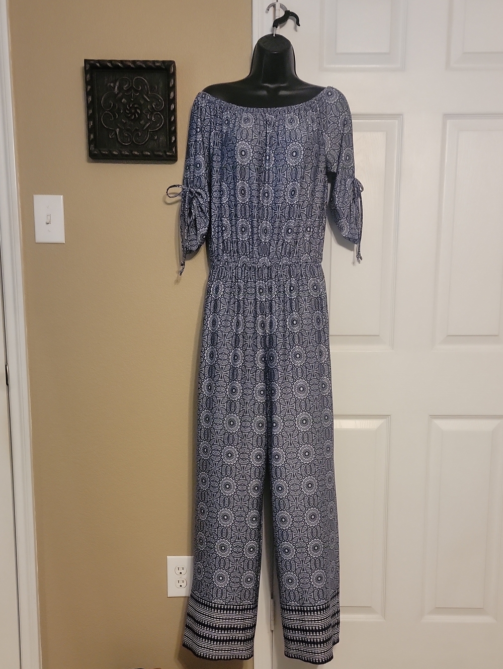 Tacera Navy Patterned Off-Shoulder Jumpsuit